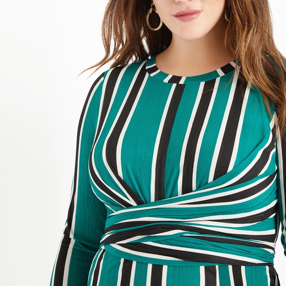 NWT Eloquii Green Black & White Striped Cross Front Dress Size 18 - Picture 3 of 7